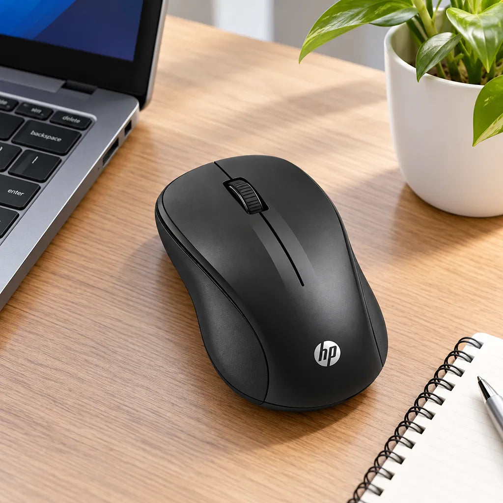 HP S500 G2 Wireless Mouse on Wooden Desk Setup Beside Laptop and Notepad tpstech.in