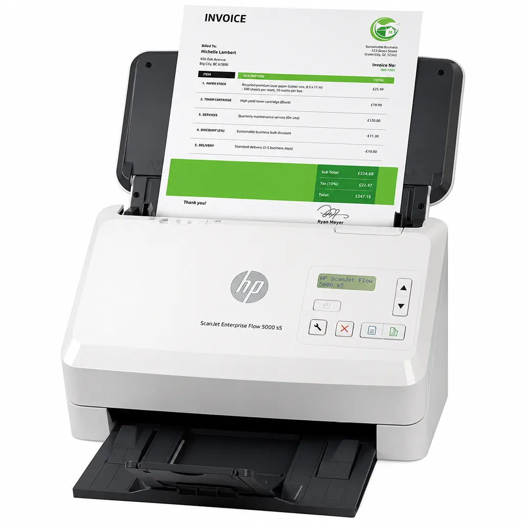 HP ScanJet Enterprise Flow 5000 s5 angled view showing business document scanning with LCD control panel and output tray -tpstech.in