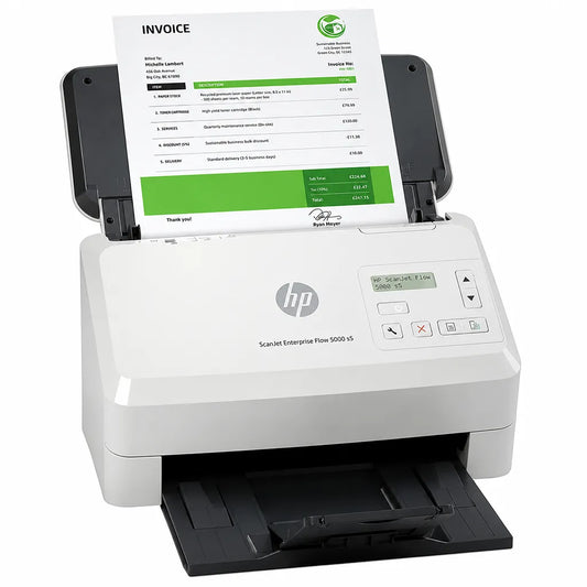 HP ScanJet Enterprise Flow 5000 s5 scanning an invoice using the 80 sheet automatic document feeder with single pass duplex scanning -tpstech.in