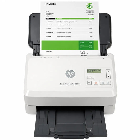 HP ScanJet Enterprise Flow 5000 s5 front operating view with LCD display and automatic document feeder scanning an A4 document -tpstech.in