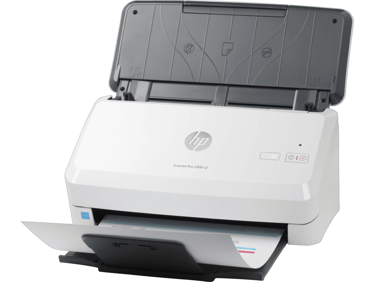 HP ScanJet Pro 2000 s2 document scanner with automatic document feeder open and ready for scanning.