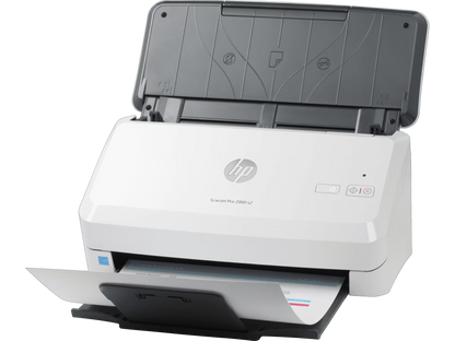 HP ScanJet Pro 2000 s2 document scanner with automatic document feeder open and ready for scanning.
