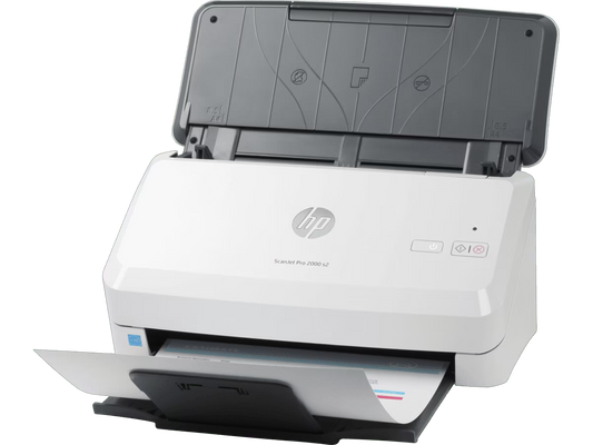 HP ScanJet Pro 2000 s2 document scanner with automatic document feeder open and ready for scanning.