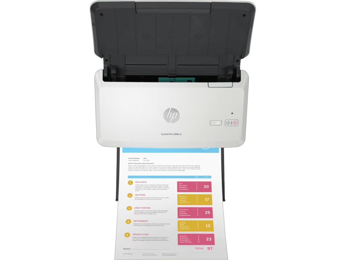 HP ScanJet Pro 2000 s2 duplex document scanner scanning a color business document.