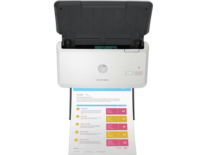 HP ScanJet Pro 2000 s2 duplex document scanner scanning a color business document.