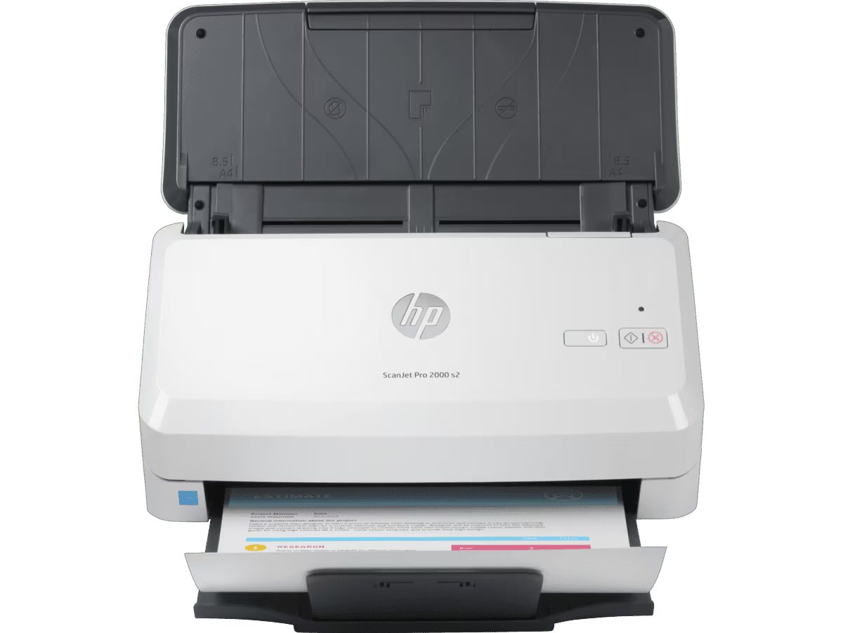 HP ScanJet Pro 2000 s2 high-speed document scanner processing a document through the ADF.
