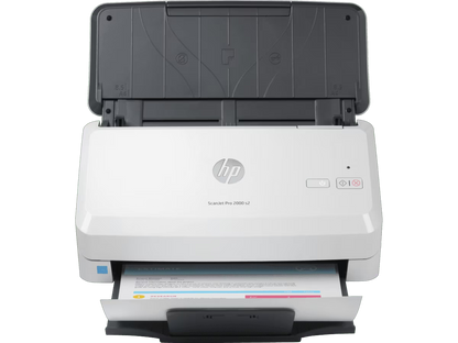 HP ScanJet Pro 2000 s2 high-speed document scanner processing a document through the ADF.