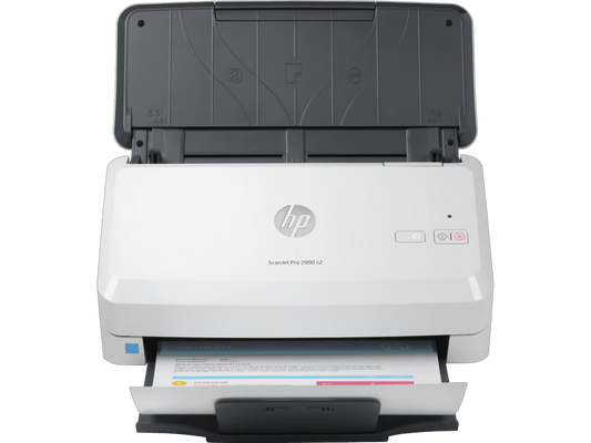 HP ScanJet Pro 2000 s2 high-speed document scanner processing a document through the ADF.