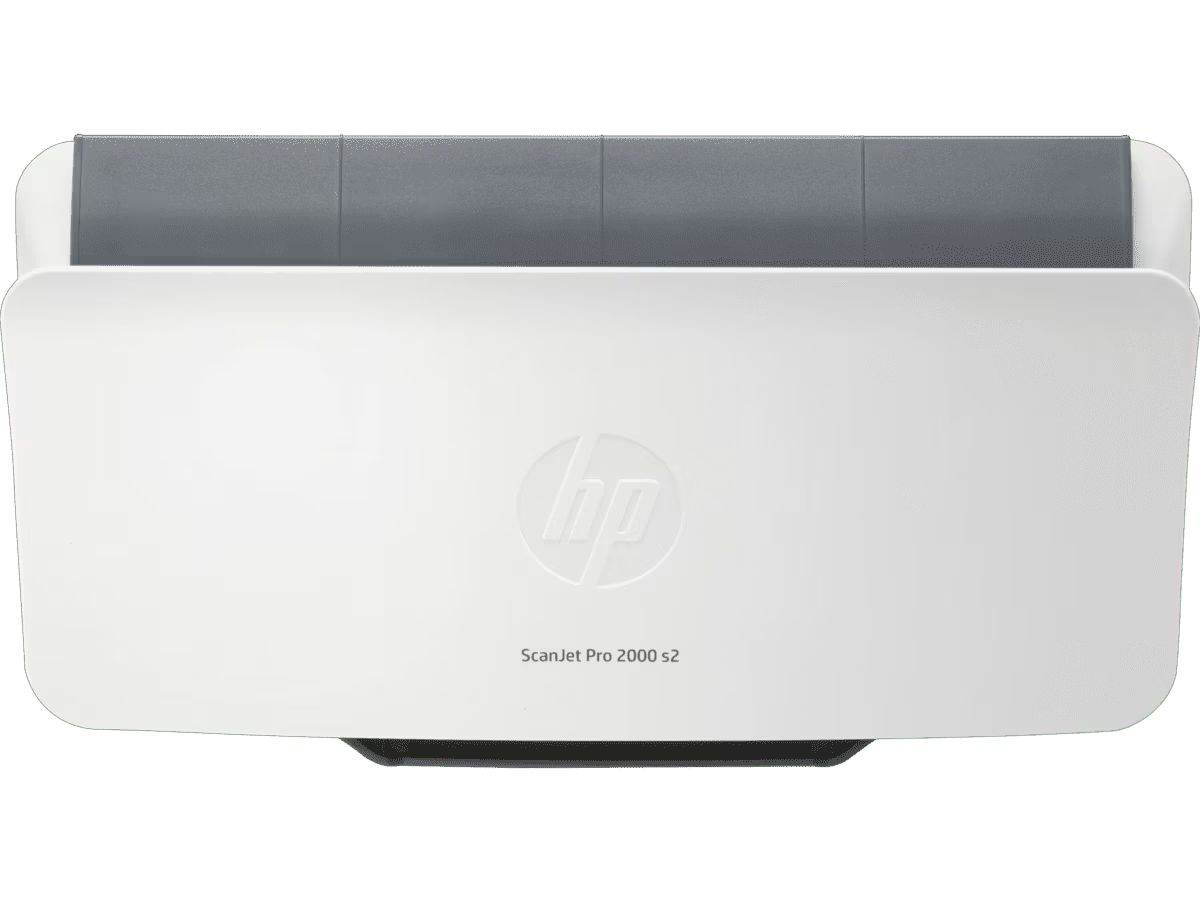 HP ScanJet Pro 2000 s2 sheet-feed document scanner front view with compact desktop design.
