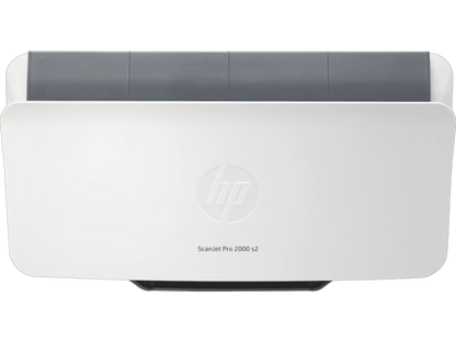 HP ScanJet Pro 2000 s2 sheet-feed document scanner front view with compact desktop design.