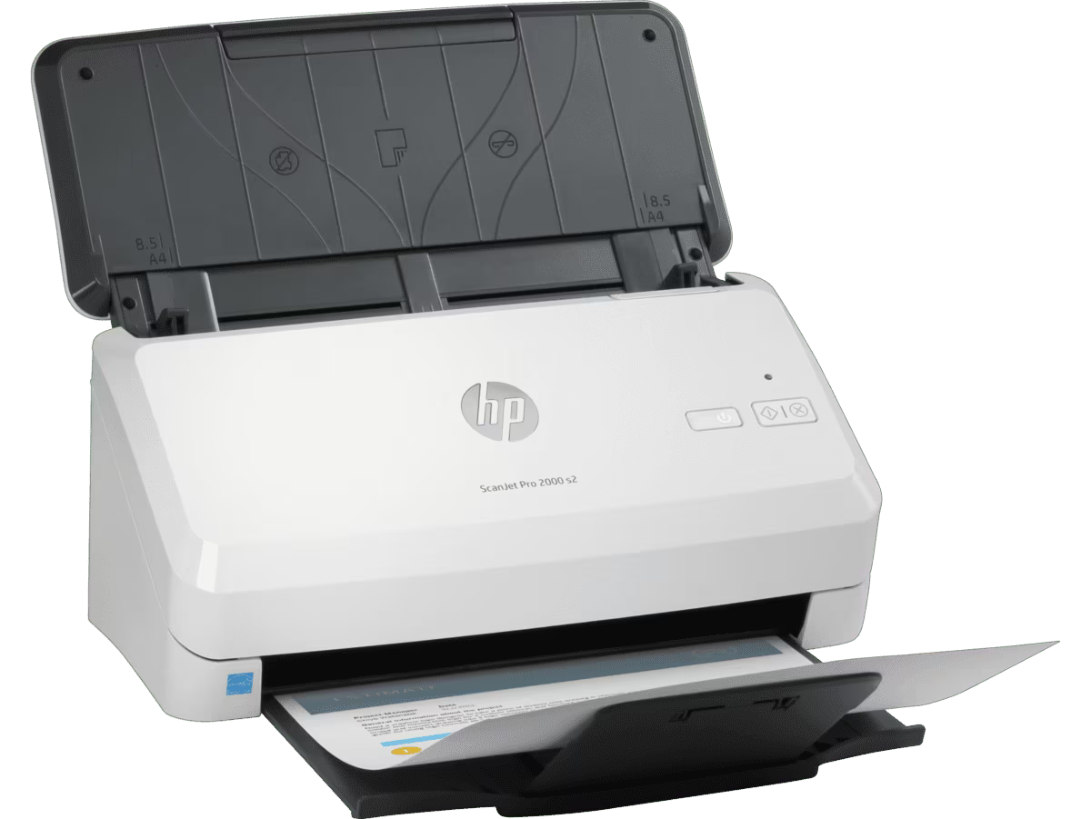 Angled view of HP ScanJet Pro 2000 s2 sheet-fed scanner with document output tray extended.