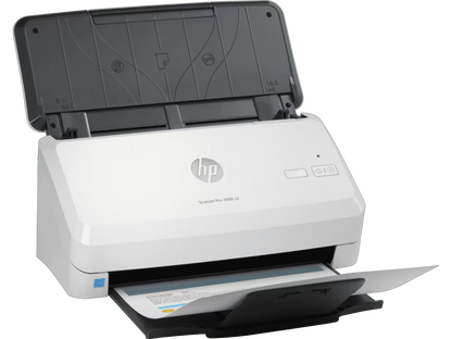 Angled view of HP ScanJet Pro 2000 s2 sheet-fed scanner with document output tray extended.
