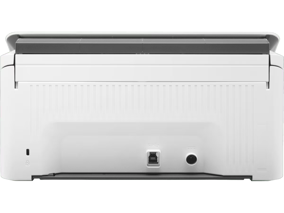 Rear view of HP ScanJet Pro 2000 s2 scanner showing USB 3.0 and power connections.