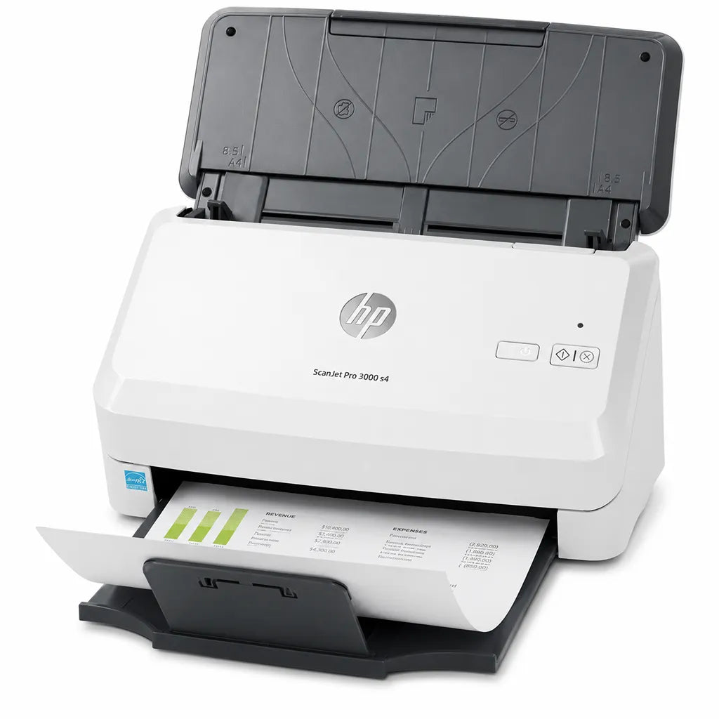 Angled front view of HP ScanJet Pro 3000 s4 sheet-feed scanner featuring 50-sheet automatic document feeder and document output tray.