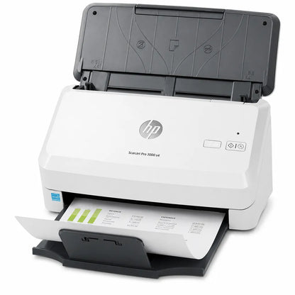 Angled front view of HP ScanJet Pro 3000 s4 sheet-feed scanner featuring 50-sheet automatic document feeder and document output tray.