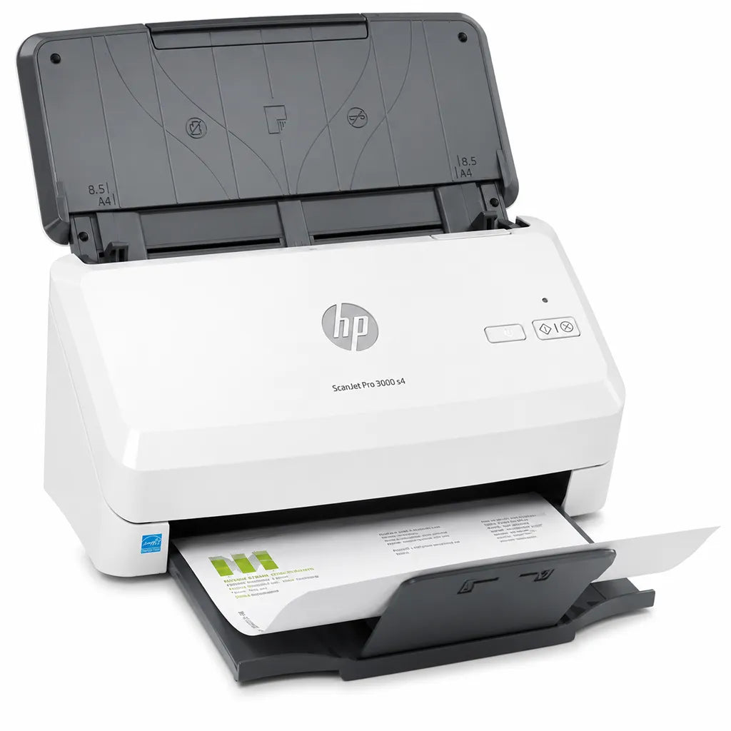 Front right perspective of HP ScanJet Pro 3000 s4 high-speed duplex sheet-feed scanner with automatic document feeder.