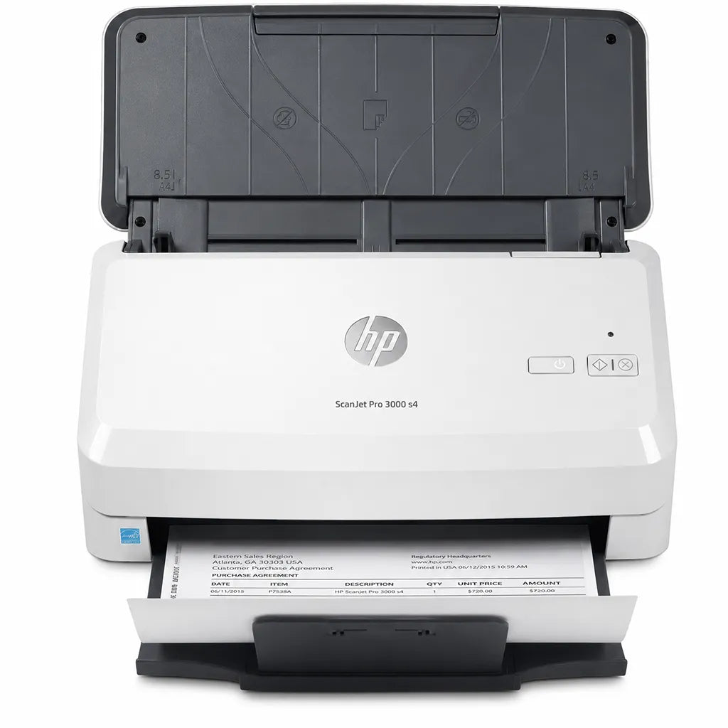 HP ScanJet Pro 3000 s4 sheet-feed document scanner front view with automatic document feeder and scanned document output.