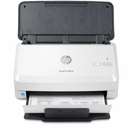 HP ScanJet Pro 3000 s4 sheet-feed document scanner front view with automatic document feeder and scanned document output.
