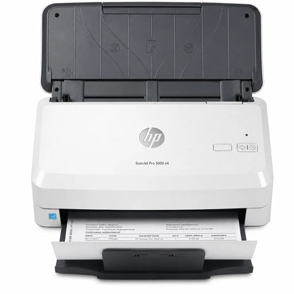 HP ScanJet Pro 3000 s4 sheet-feed document scanner front view with automatic document feeder and scanned document output.