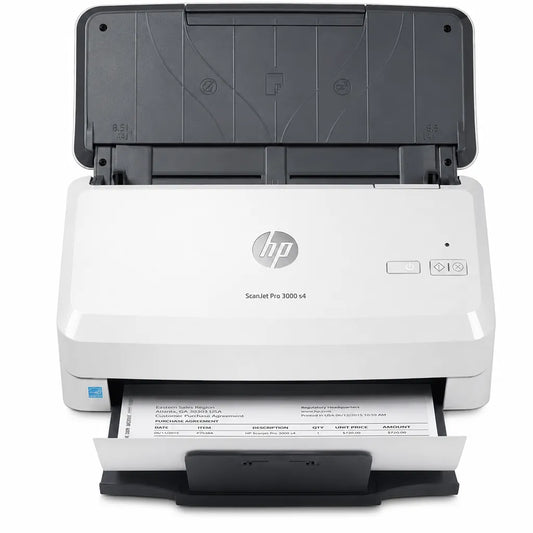 HP ScanJet Pro 3000 s4 sheet-feed document scanner front view with automatic document feeder and scanned document output.