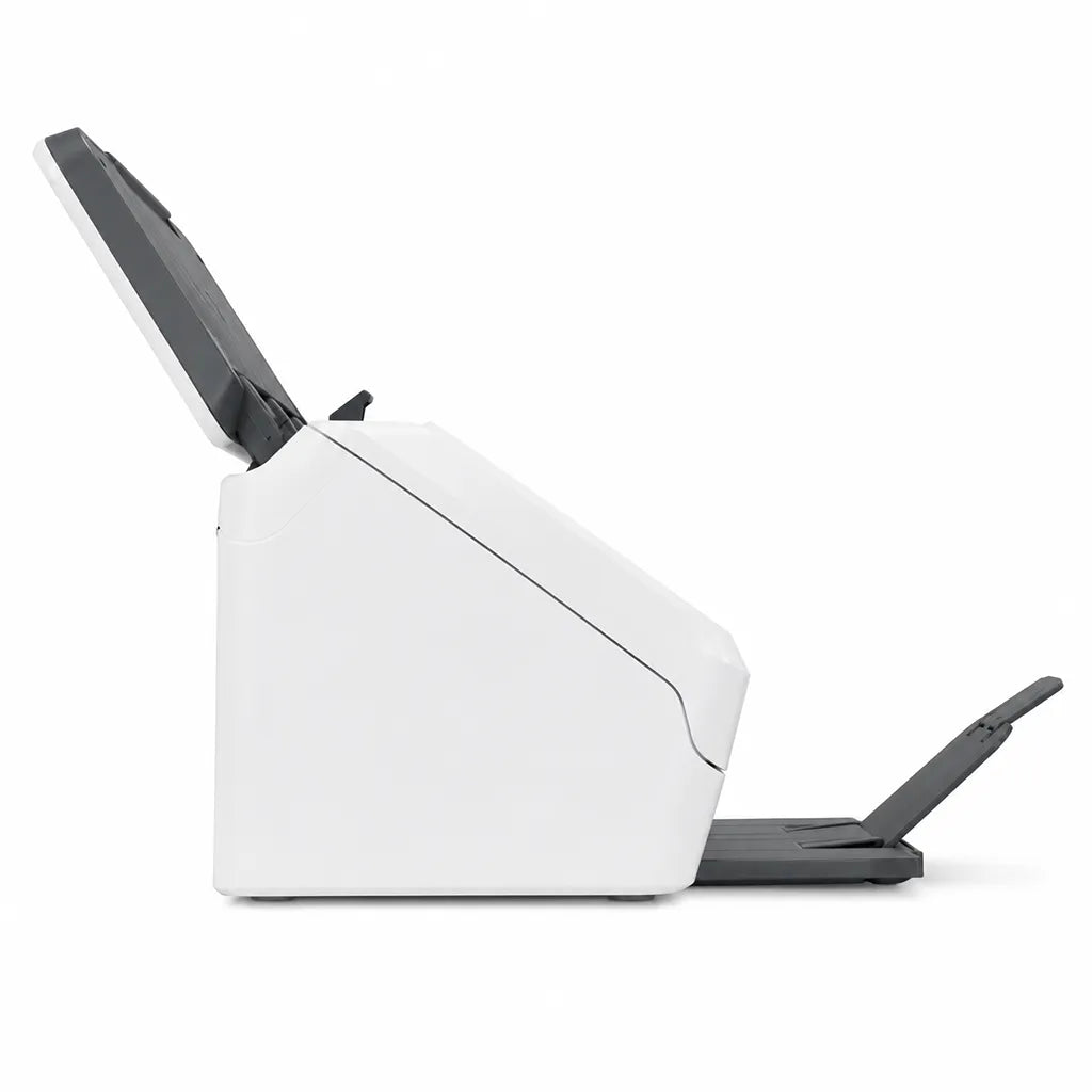 Left side profile of HP ScanJet Pro 3000 s4 sheet-feed document scanner showing compact desktop design and paper path.