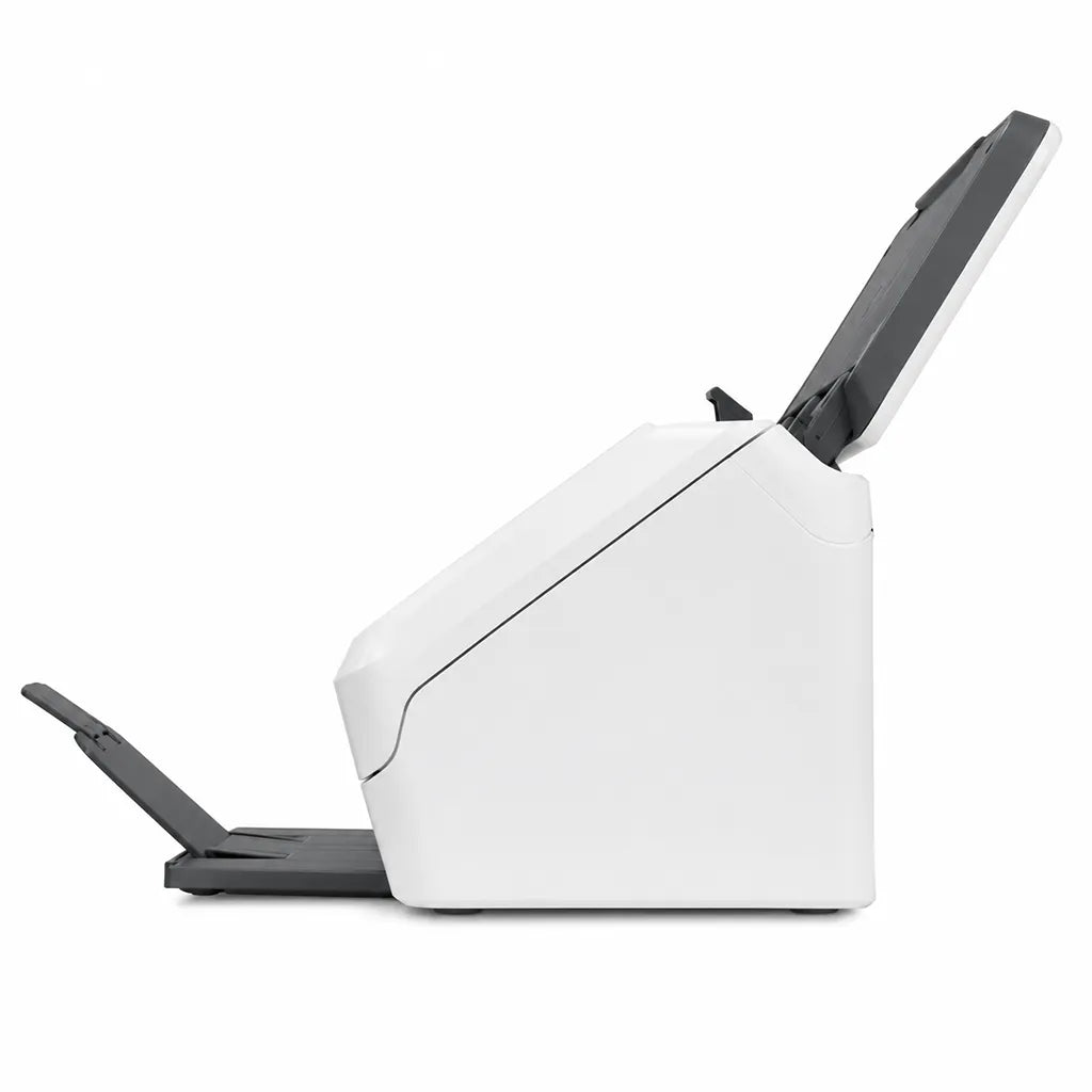 Right side profile of HP ScanJet Pro 3000 s4 compact sheet-feed scanner with automatic document feeder open.