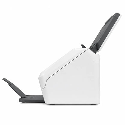 Right side profile of HP ScanJet Pro 3000 s4 compact sheet-feed scanner with automatic document feeder open.