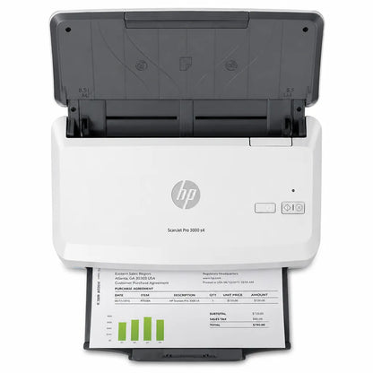 Top front view of HP ScanJet Pro 3000 s4 sheet-feed scanner with open document feeder and scanned page output.