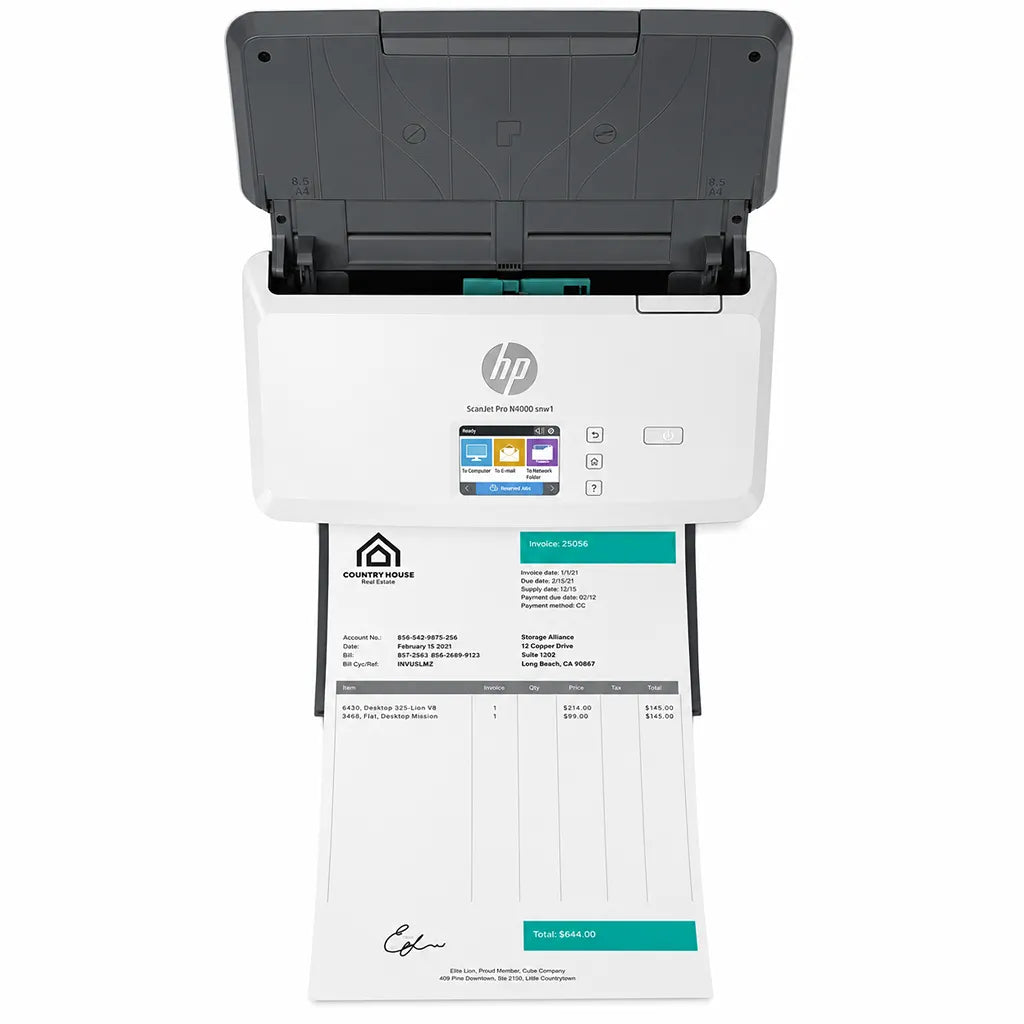 HP ScanJet Pro N4000 snw1 sheet-feed scanner scanning an A4 business document using automatic duplex document feeder.