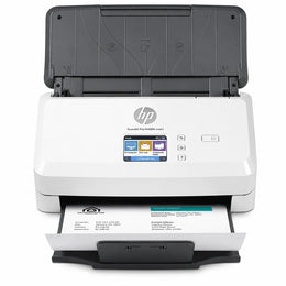 HP ScanJet Pro N4000 snw1 sheet-feed scanner front view with 50-sheet automatic document feeder and color touchscreen display.