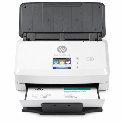 HP ScanJet Pro N4000 snw1 sheet-feed scanner front view with 50-sheet automatic document feeder and color touchscreen display.