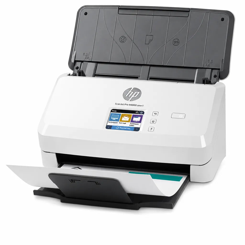 HP ScanJet Pro N4000 snw1 sheet-feed scanner shown from the left angle with document feeder open and output tray extended.