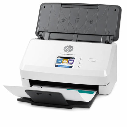 HP ScanJet Pro N4000 snw1 sheet-feed scanner shown from the left angle with document feeder open and output tray extended.