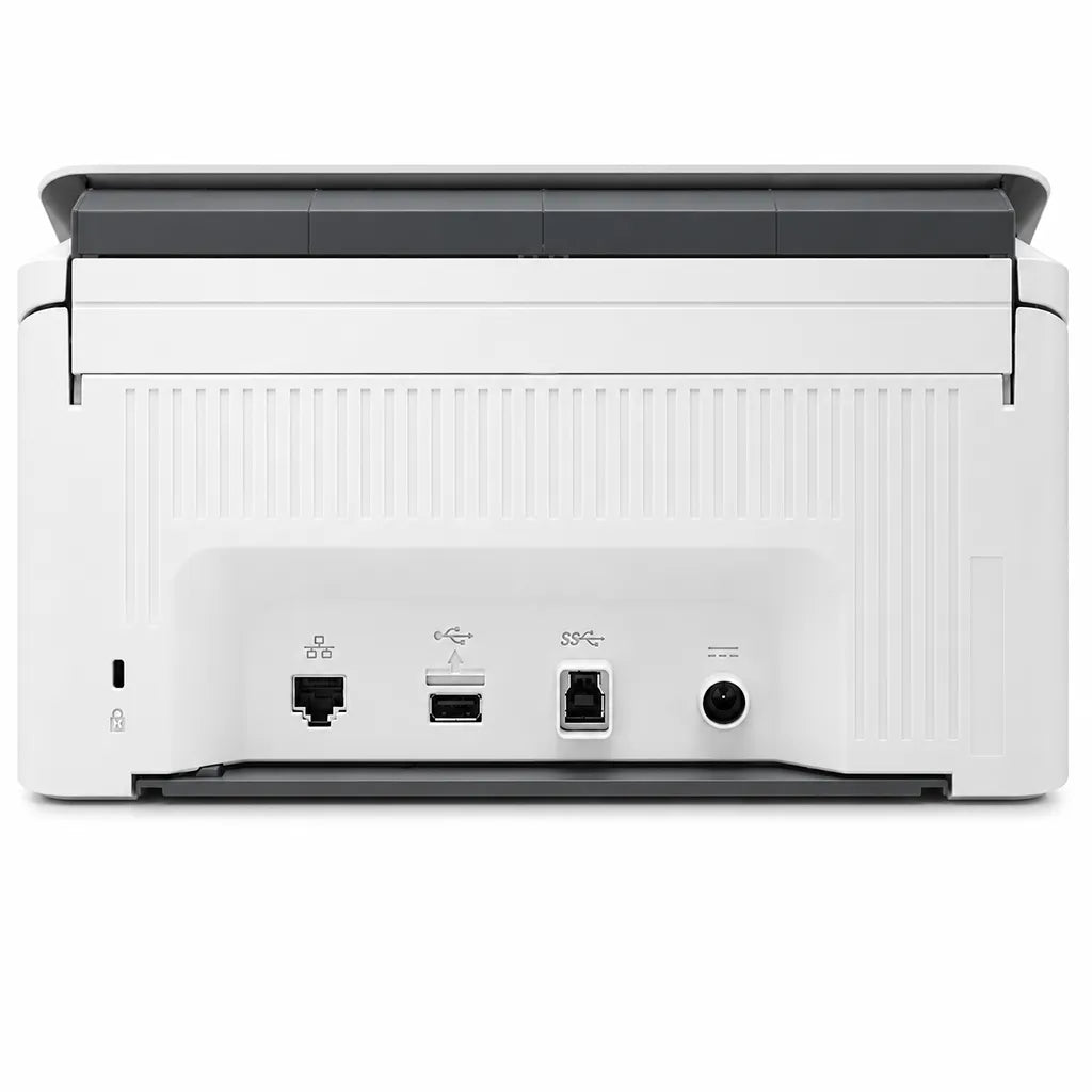 Rear view of HP ScanJet Pro N4000 snw1 scanner showing USB 3.0, Ethernet, USB Host, and power connectivity ports.