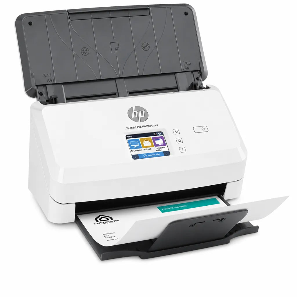 Angled view of HP ScanJet Pro N4000 snw1 duplex sheet-feed scanner featuring touchscreen interface and automatic document feeder.