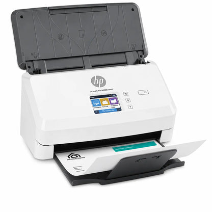 Angled view of HP ScanJet Pro N4000 snw1 duplex sheet-feed scanner featuring touchscreen interface and automatic document feeder.