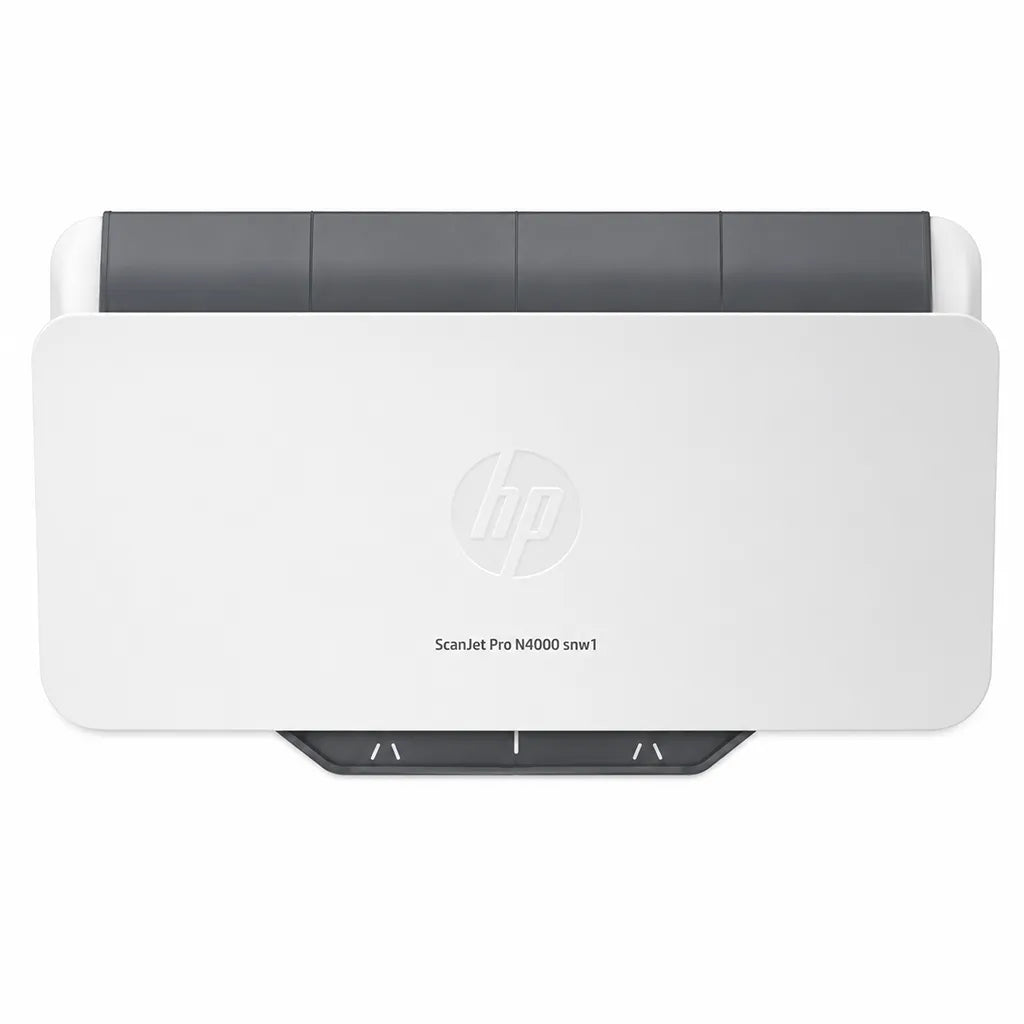 Top view of HP ScanJet Pro N4000 snw1 sheet-feed document scanner with compact white design and HP branding.
