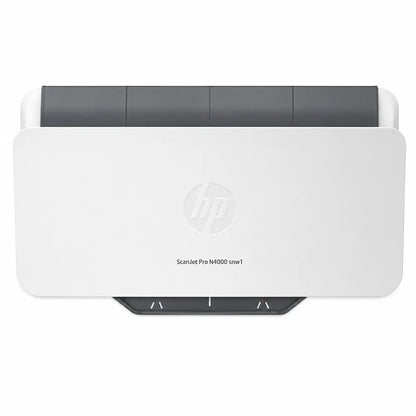 Top view of HP ScanJet Pro N4000 snw1 sheet-feed document scanner with compact white design and HP branding.