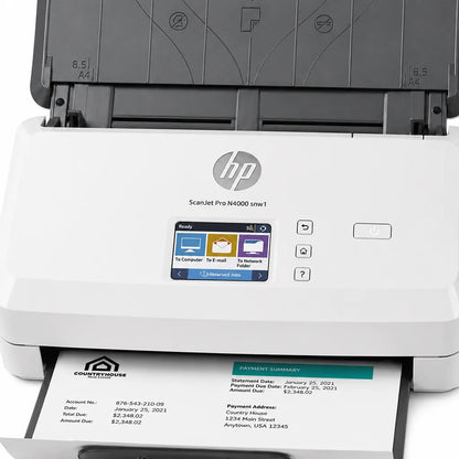 Close-up of HP ScanJet Pro N4000 snw1 scanner featuring color touchscreen display and one-touch scan control buttons.