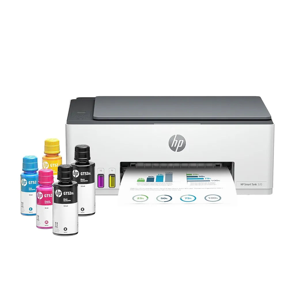 HP Smart Tank 520 all-in-one colour ink tank printer with HP GT52 and GT53XL ink bottles -tpstech.in