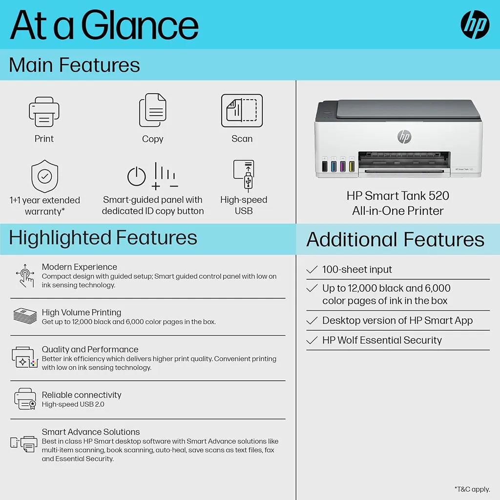 HP Smart Tank 520 all-in-one printer featuring print, copy, scan, high-speed USB 2.0 and 100-sheet input tray -tpstech.in
