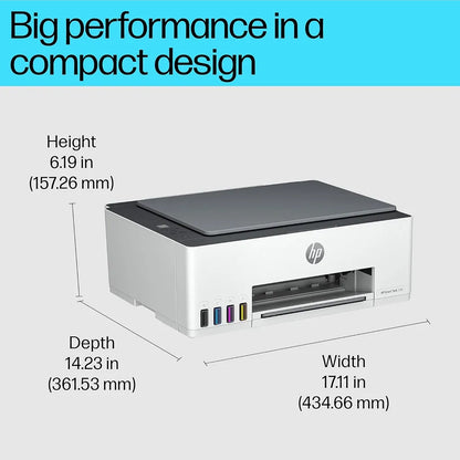HP Smart Tank 520 compact all-in-one printer showing 434.66 mm width, 361.53 mm depth and 157.26 mm height -tpstech.in
