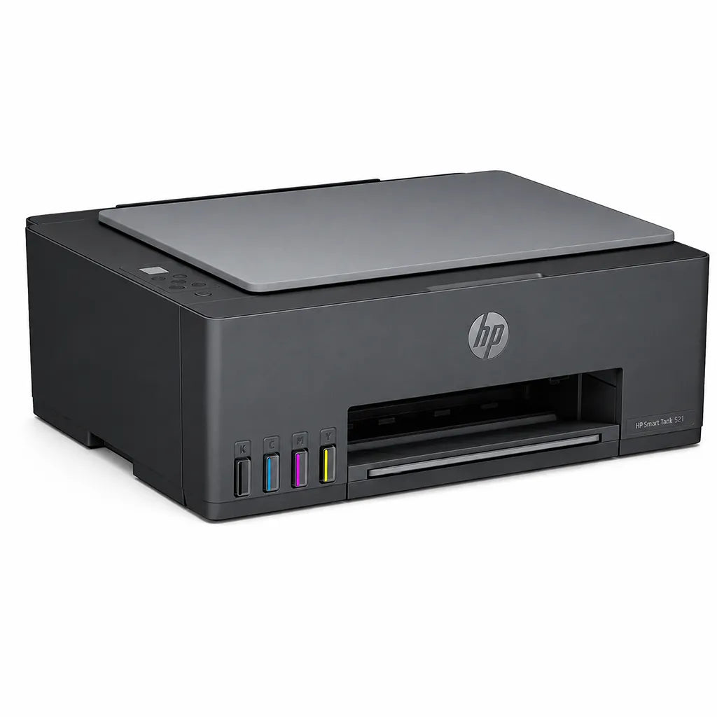 HP Smart Tank 521 all-in-one ink tank printer front view with refillable ink tanks and flatbed scanner -tpstech.in