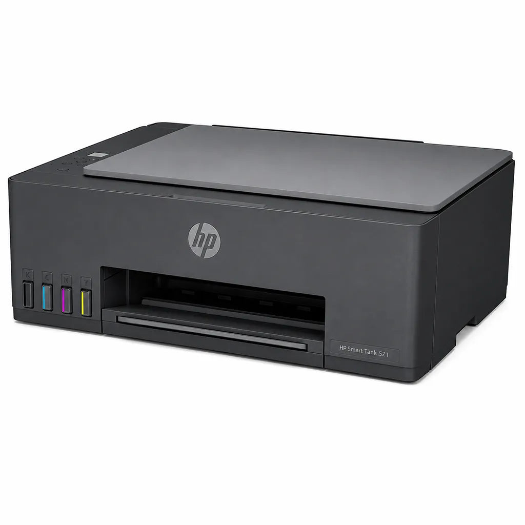 HP Smart Tank 521 all-in-one printer side angle showing compact design, ink tanks and paper output tray -tpstech.in