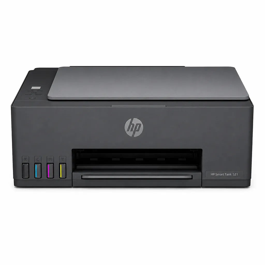HP Smart Tank 521 colour ink tank printer front view with black, cyan, magenta and yellow ink tanks -tpstech.in