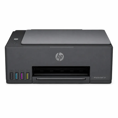 HP Smart Tank 521 colour ink tank printer front view with black, cyan, magenta and yellow ink tanks -tpstech.in