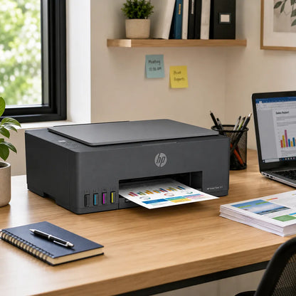 HP Smart Tank 521 ink tank printer in a home office setup printing a colour document -tpstech.in