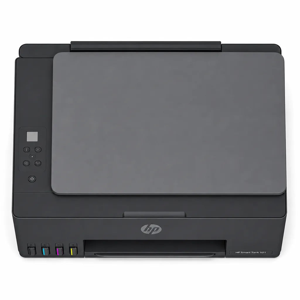 HP Smart Tank 521 ink tank printer top view showing flatbed scanner lid and control panel -tpstech.in