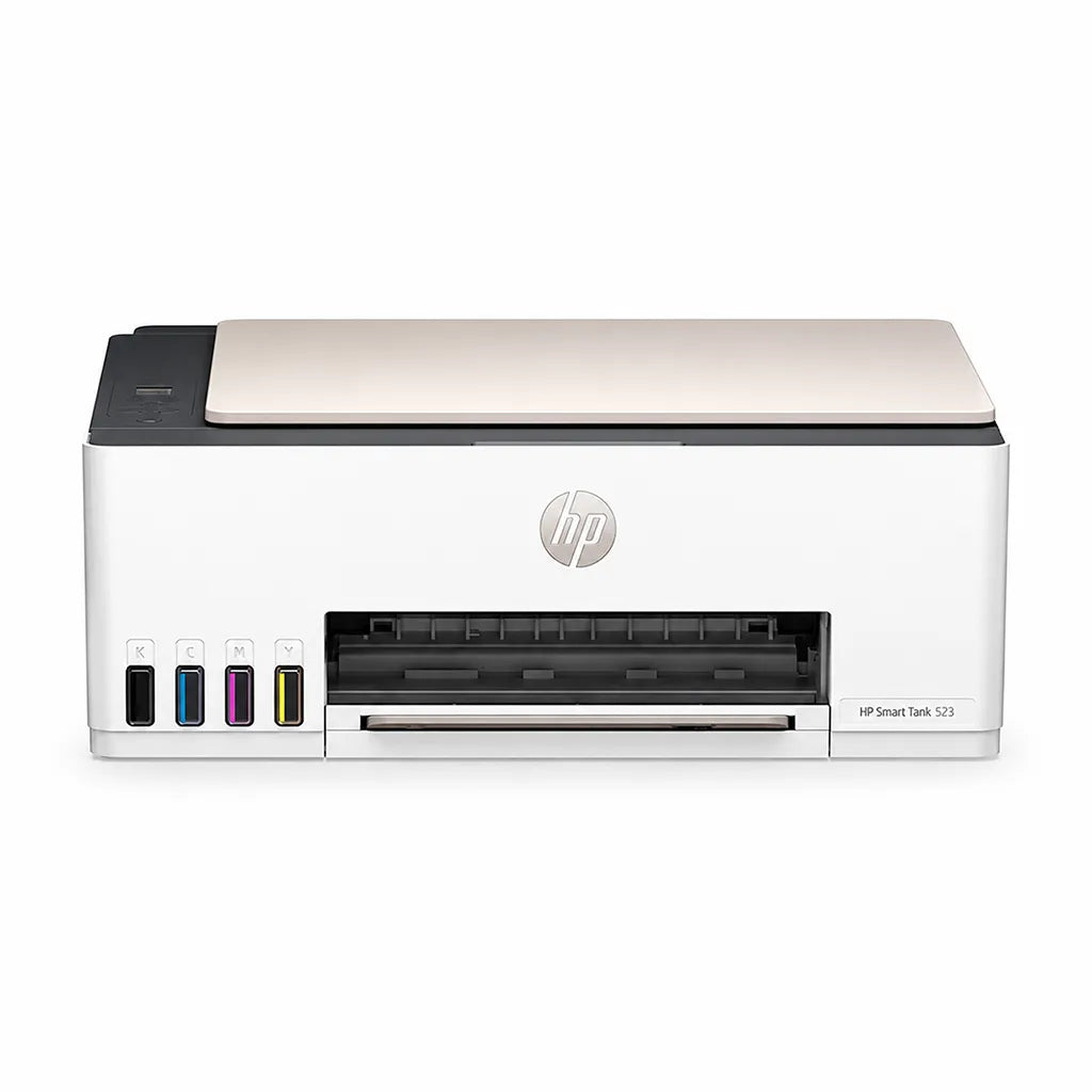 HP Smart Tank 523 all-in-one ink tank printer front view with colour ink tanks and paper output tray -tpstech.in