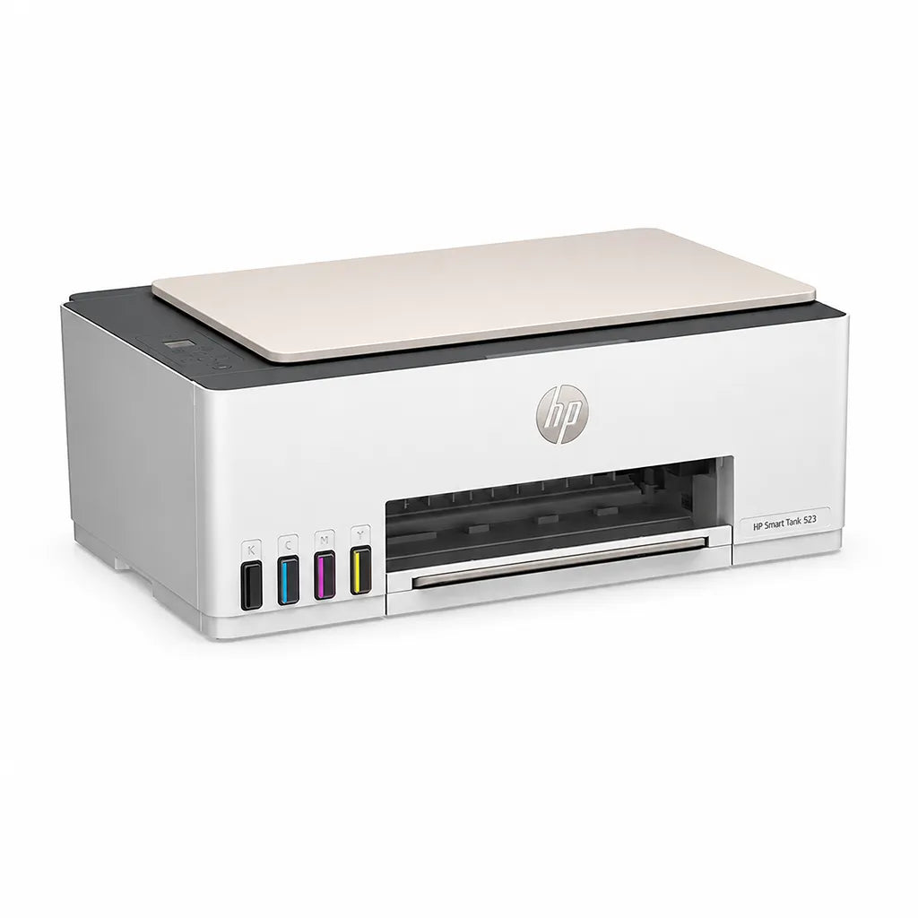 HP Smart Tank 523 all-in-one printer left angle view showing compact white design and colour ink tanks -tpstech.in